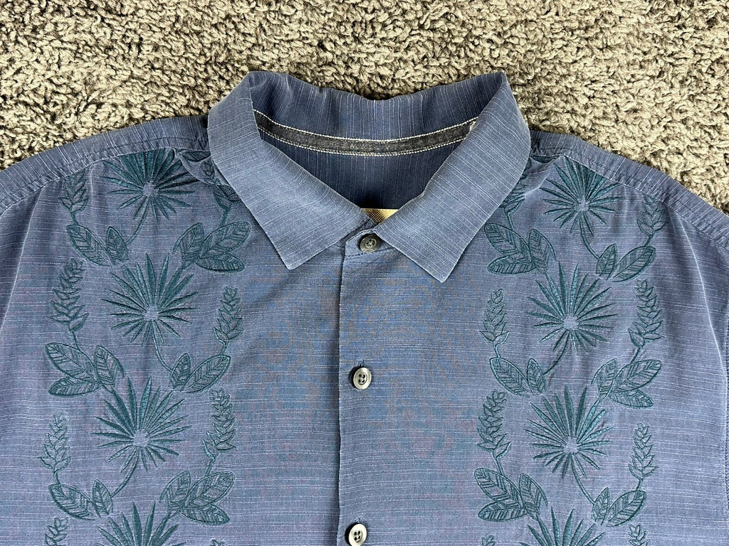 Tommy Bahama Mens XLT Blue Silk Cotton Embroidered Palm Camp Shirt Big Tall