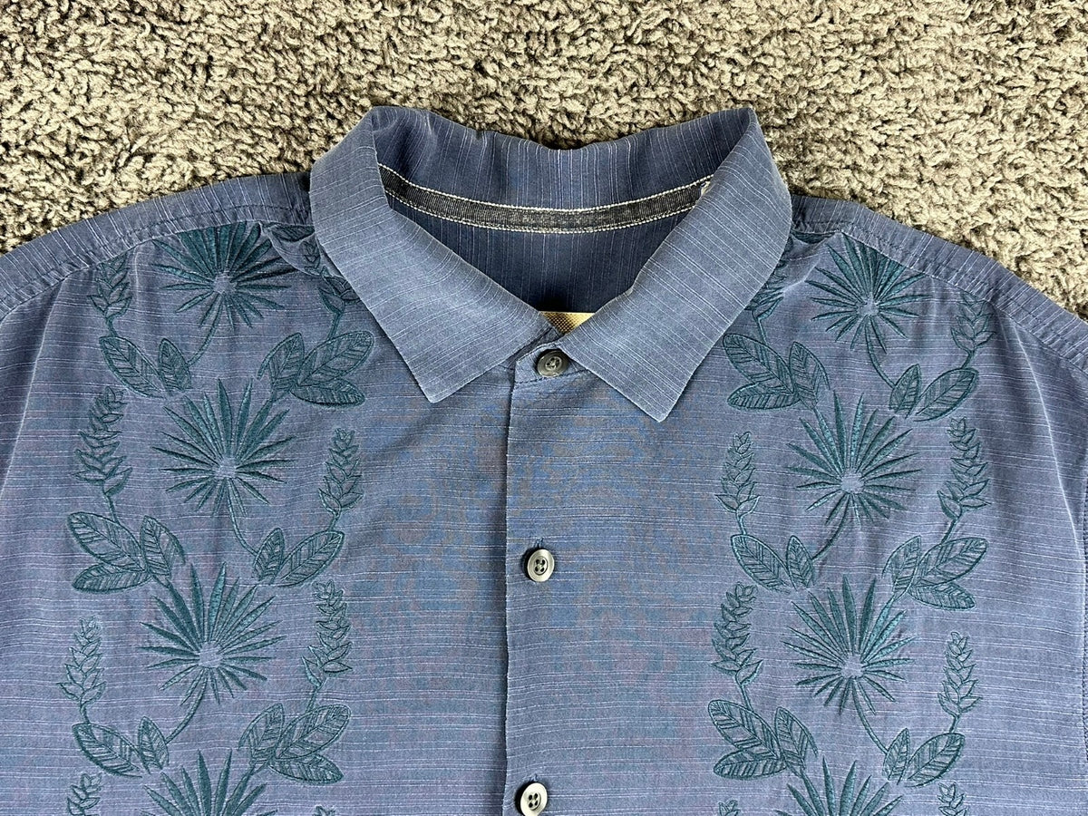 Tommy Bahama Mens XLT Blue Silk Cotton Embroidered Palm Camp Shirt Big Tall