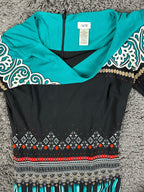 Cache Dress Womens XS Sheath Teal Black Geometric Print Long Sleeve Midi Dress