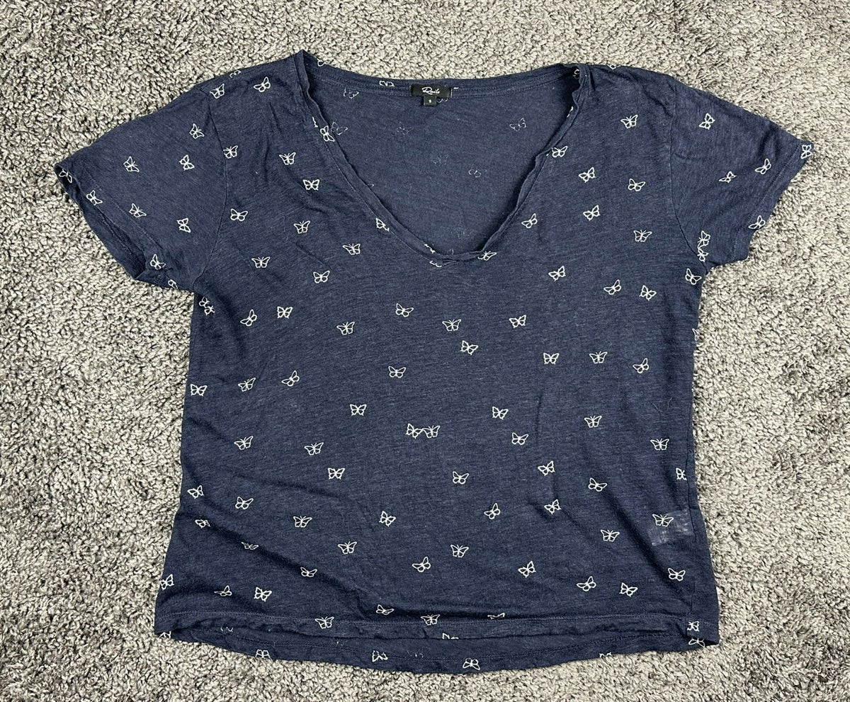 Rails Women's Size S Blue White Butterfly Print Linen Tencel V-Neck Tee Top