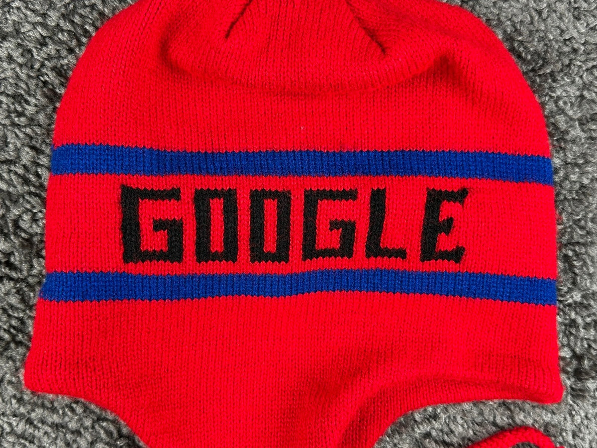 Vintage Google Employee Swag Knit Earflap Beanie Hat Red Blue Tech Merch OS