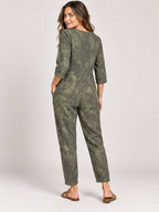 Camo Linen Jumpsuit Womens Size Medium Olive Green V-Neck Pockets Romper