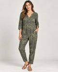 Camo Linen Jumpsuit Womens Size Medium Olive Green V-Neck Pockets Romper