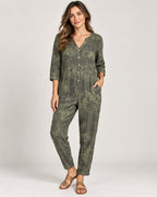 Camo Linen Jumpsuit Womens Size Medium Olive Green V-Neck Pockets Romper
