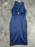 VHN Vy Hoang Nguyen Navy Blue Rhinestone Brooch Satin Midi Sheath Dress Sz L NWT
