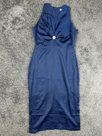 VHN Vy Hoang Nguyen Navy Blue Rhinestone Brooch Satin Midi Sheath Dress Sz L NWT
