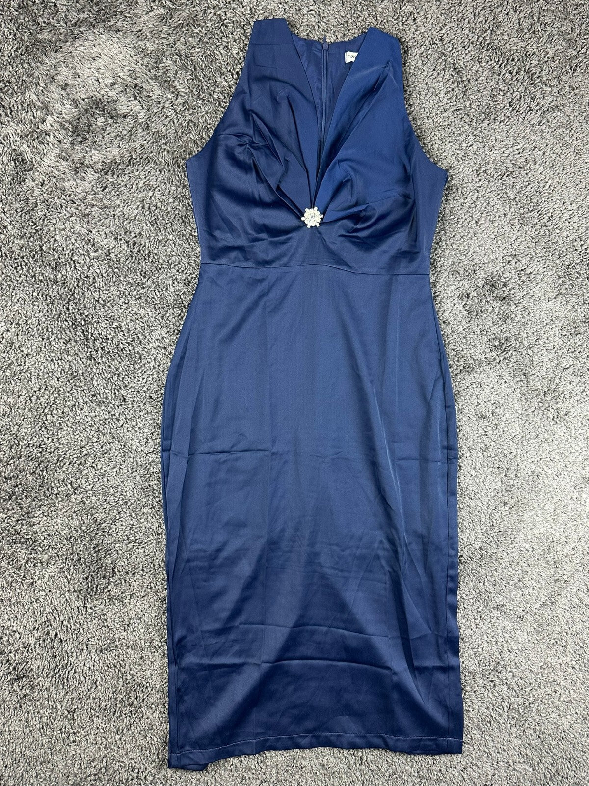 VHN Vy Hoang Nguyen Navy Blue Rhinestone Brooch Satin Midi Sheath Dress Sz L NWT