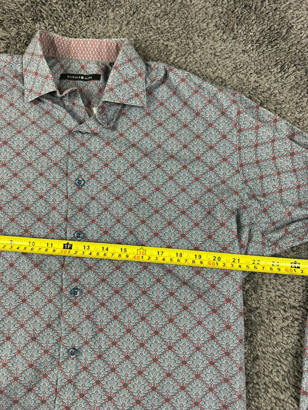Hammer Made Mens Shirt 42 16.5 Large Floral Damask Print Long Sleeve Cotton Blue