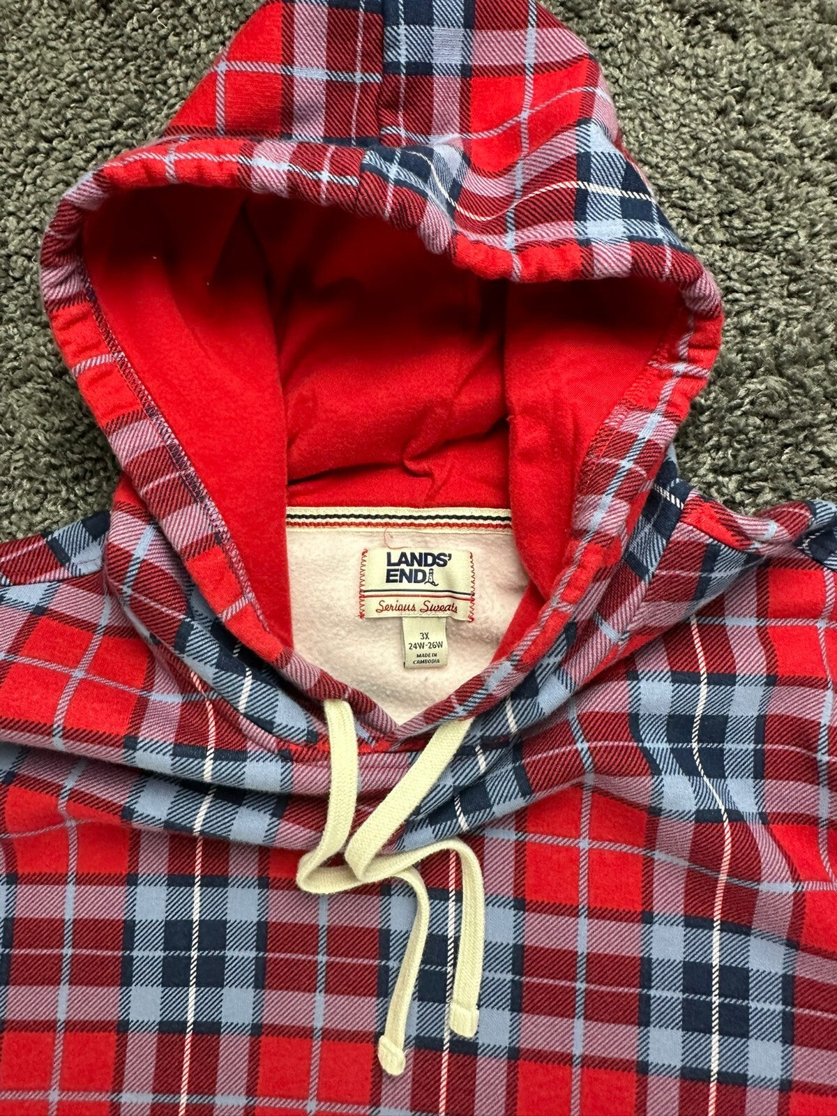 Lands End Serious Sweats Womens Hooded Lounger Dress Plaid Red Fleece 3X 24W