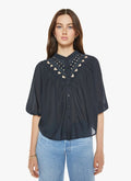MOTHER The V Yoke Shirt Black Eyelet Cutout Yoke Balloon Sleeve Button Blouse M