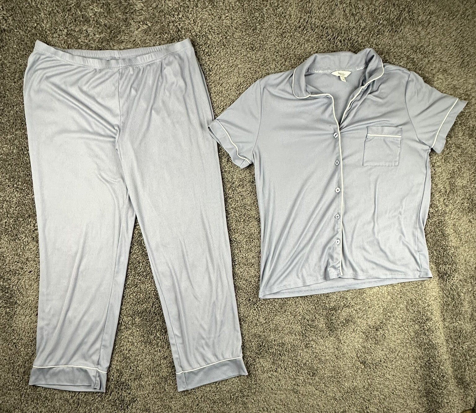 Nicole Miller New York Womens Pajama Set Large Blue Ribbed Top and Pants PJs
