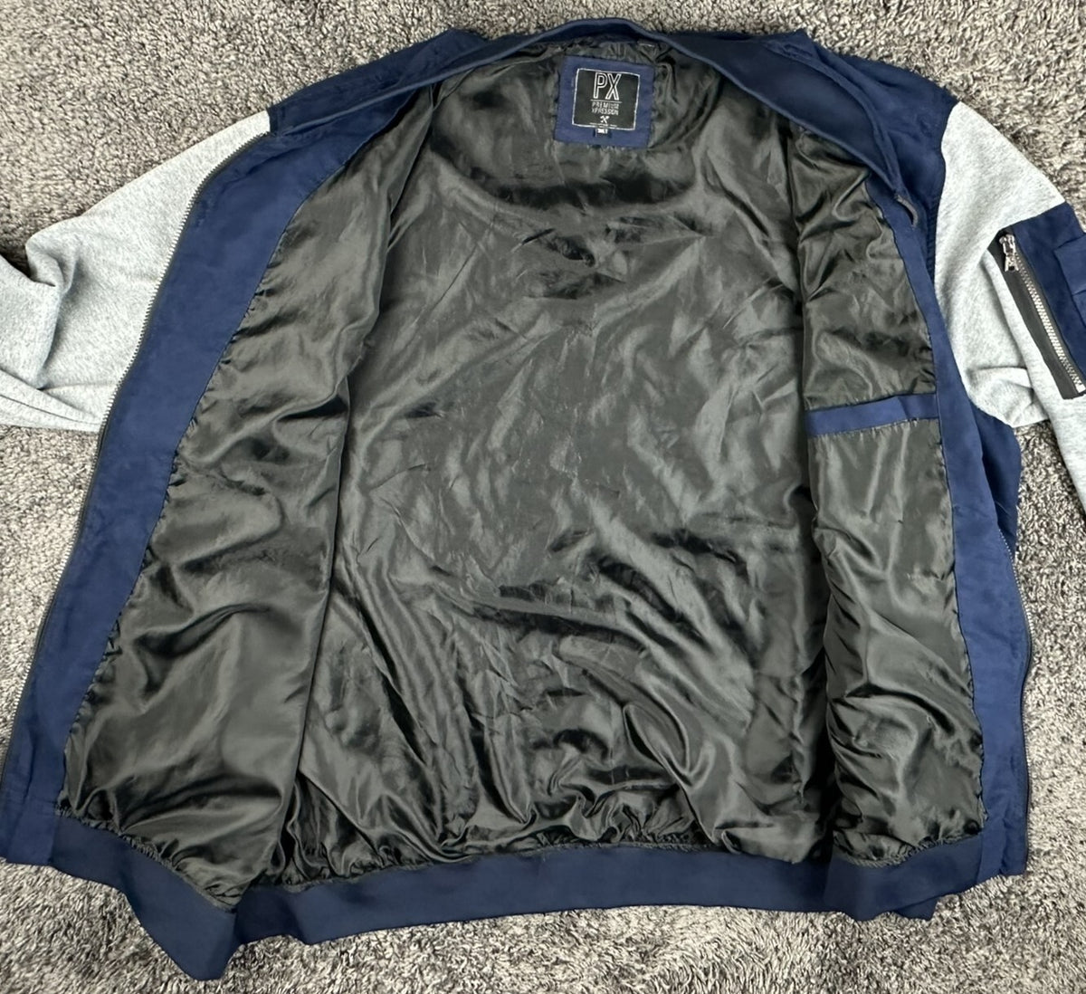 PX Clothing Mens 3XLT Blue Bomber Jacket Suede Feel Grey Sleeves Flight Jacket