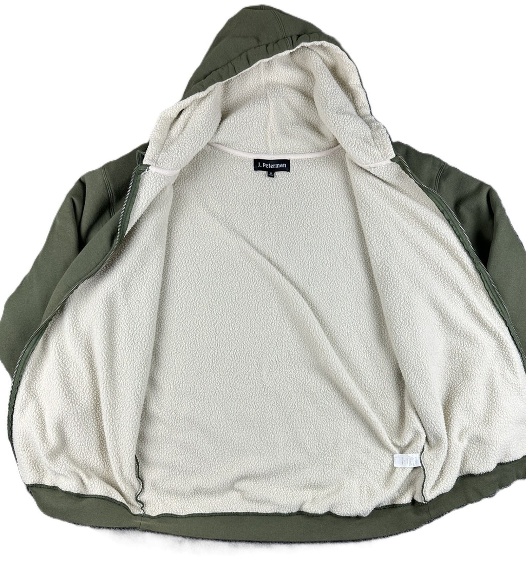 J. Peterman Mens XL Olive Green Full Zip Sherpa Lined Hood Sweatshirt Hoodie