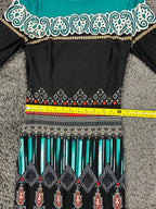Cache Dress Womens XS Sheath Teal Black Geometric Print Long Sleeve Midi Dress