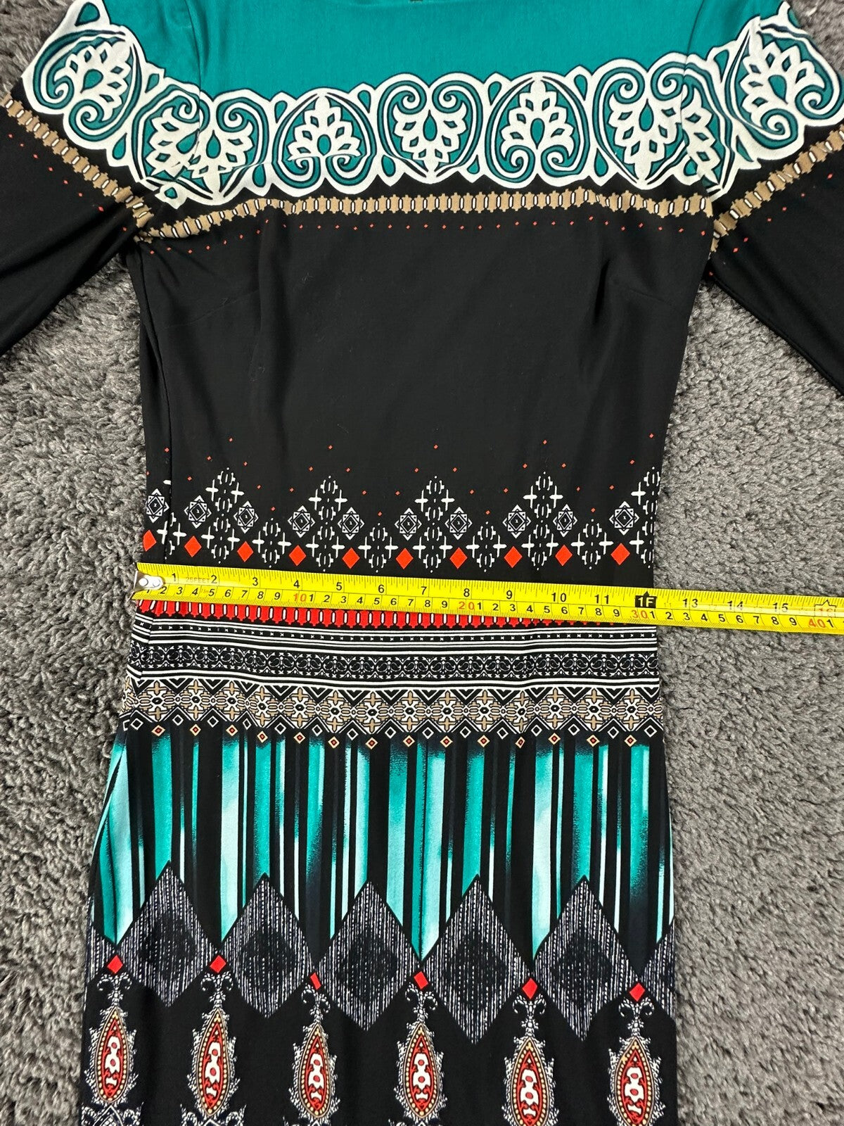 Cache Dress Womens XS Sheath Teal Black Geometric Print Long Sleeve Midi Dress