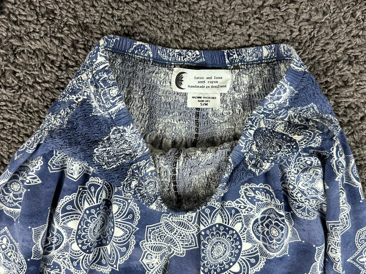 Lotus and Luna Harem Pants Womens S/M Blue Mandala Boho Smocked Jogger