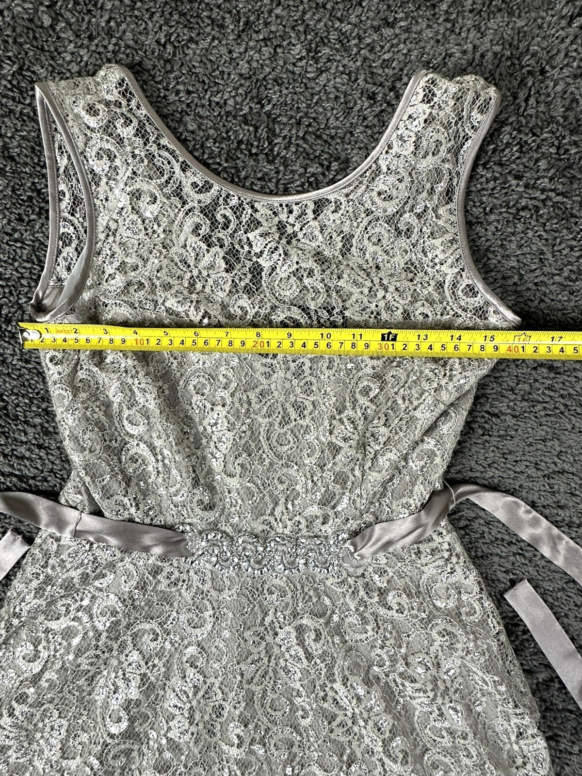Betsy & Adam Womens 6 Silver Metallic Lace Rhinestone Tulle Cocktail Party Dress