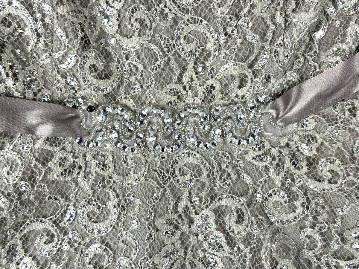 Betsy & Adam Womens 6 Silver Metallic Lace Rhinestone Tulle Cocktail Party Dress