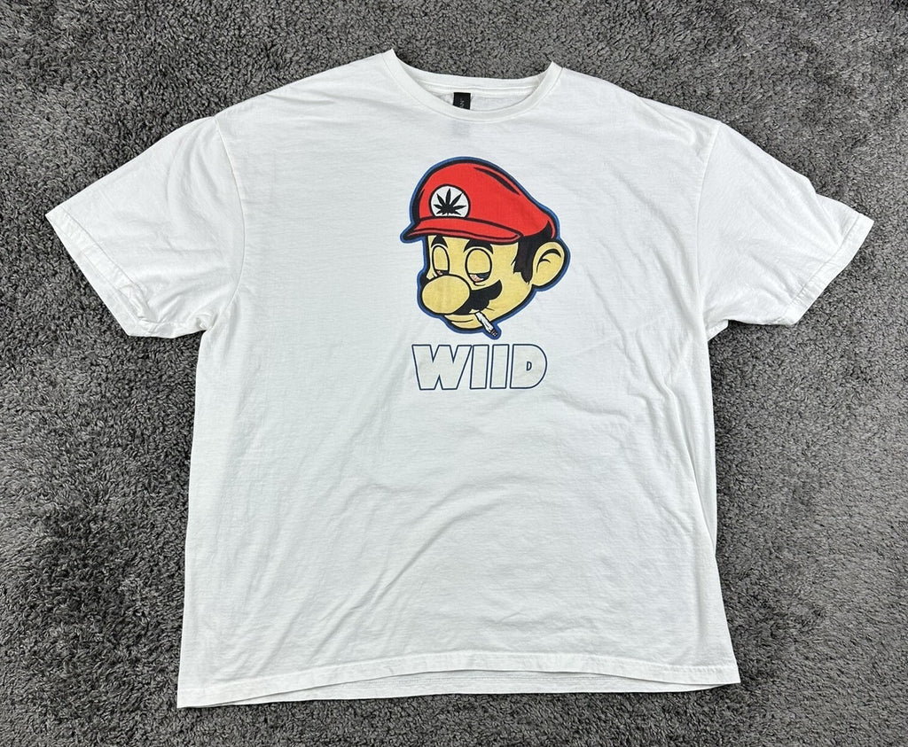Mens 2XL White WIID Super Mario Weed Parody Graphic T-Shirt