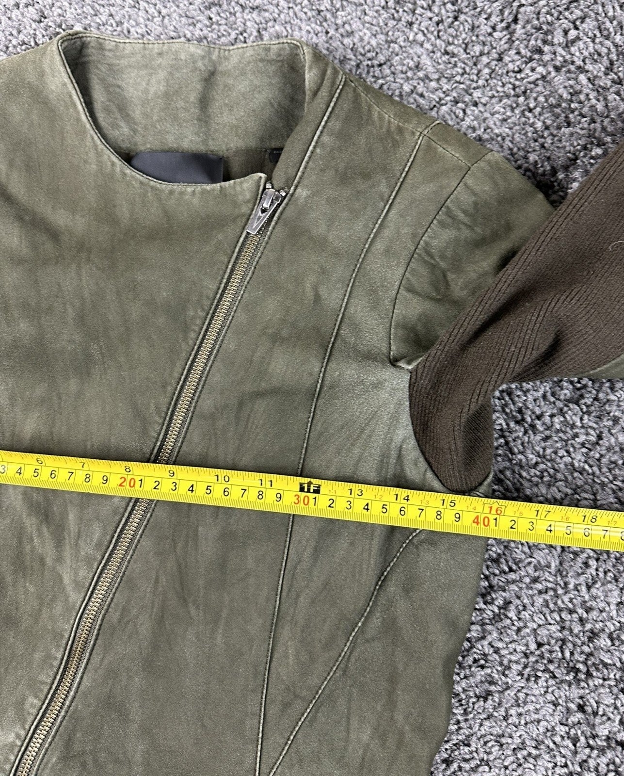 VEDA Leather Jacket Women Olive Green Asymmetrical Moto Wool Knit Silk Sz M