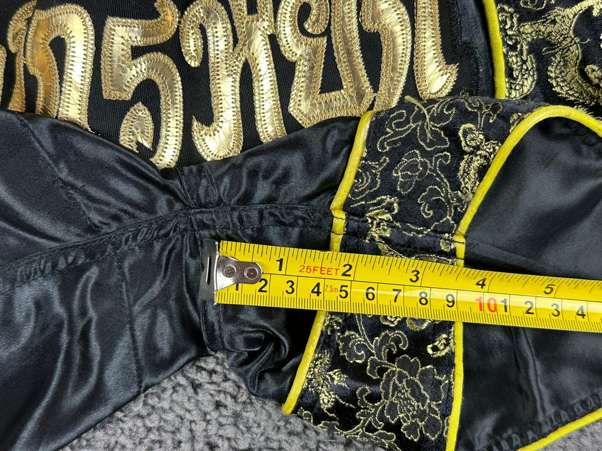 FLUORY Mens XS Black Muay Thai Shorts Gold Brocade Dragon Thai Script Boxing