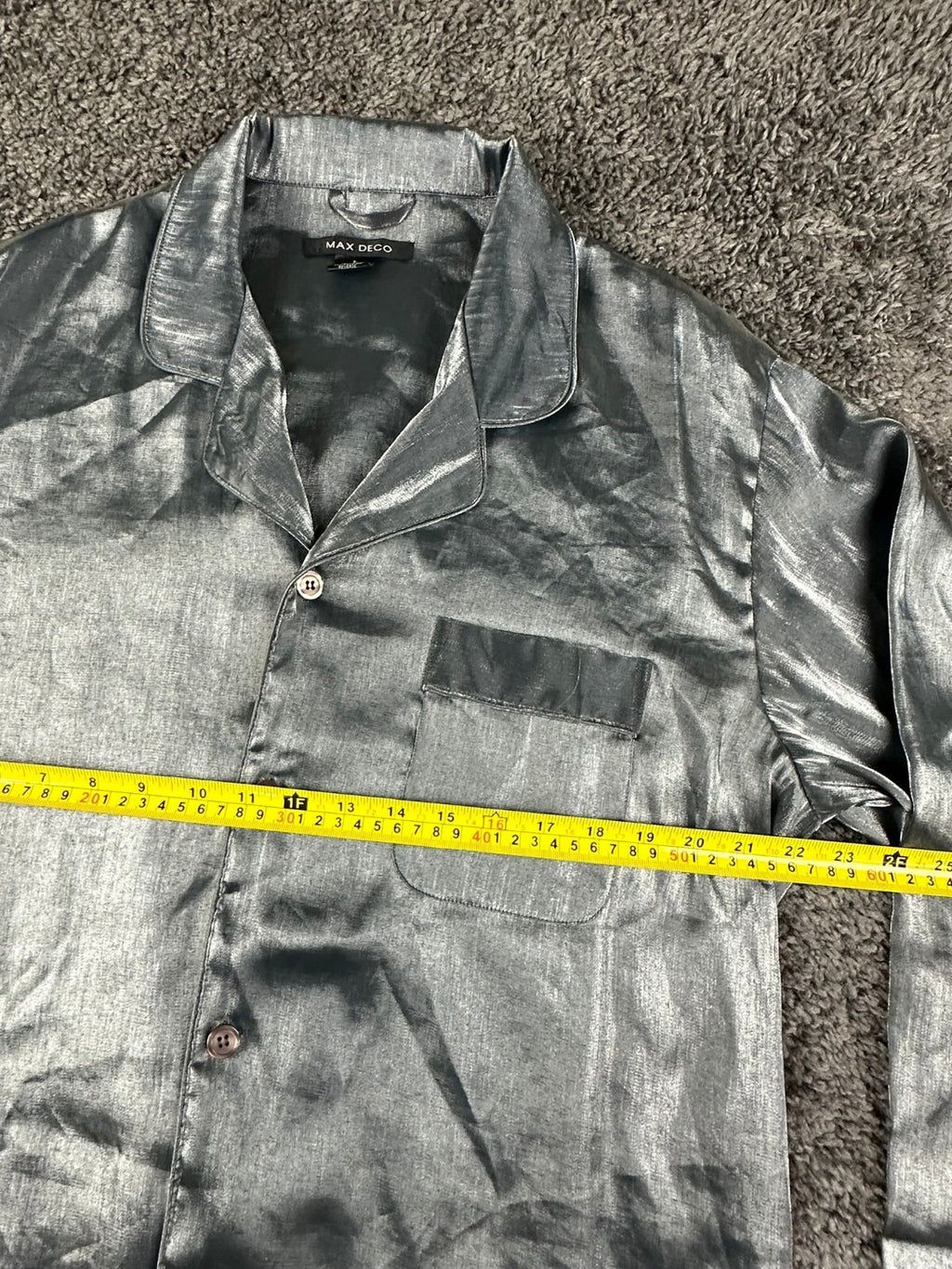 Max Deco Mens L Silver Grey Satin Long Sleeve Button Up Pajama Shirt Top
