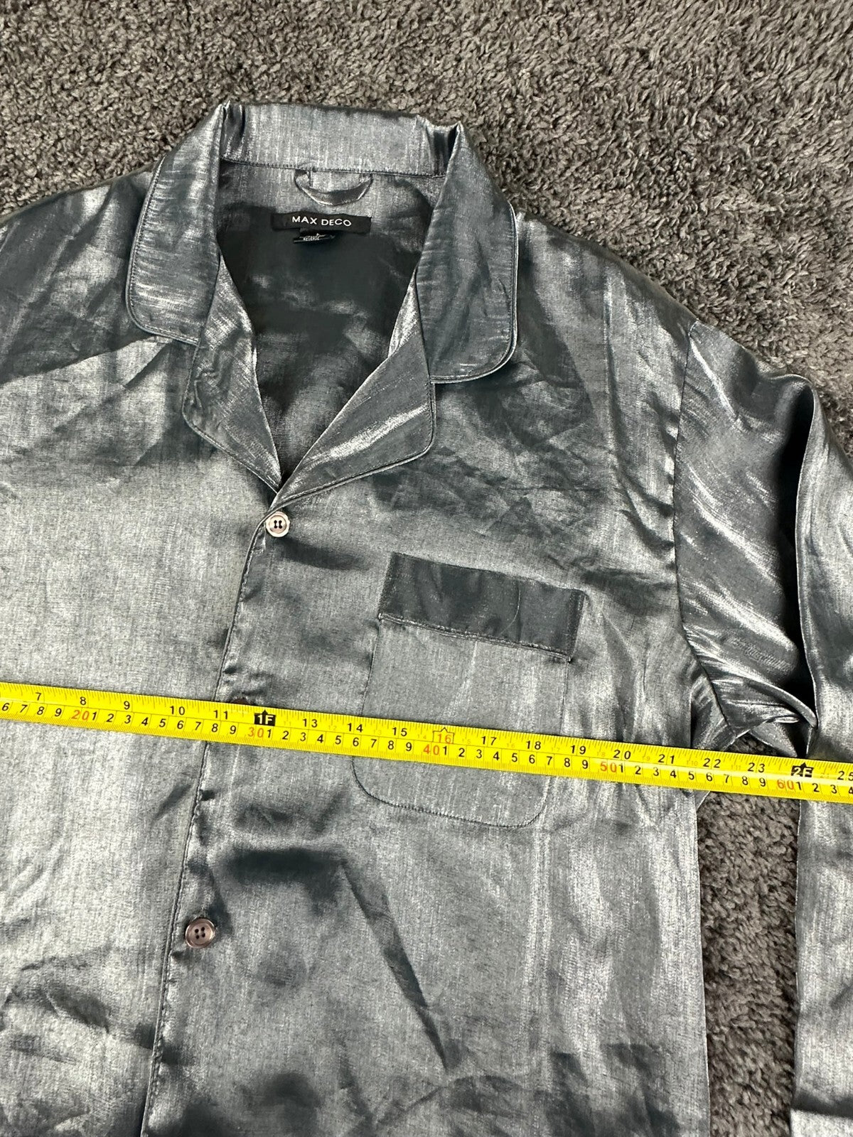 Max Deco Mens L Silver Grey Satin Long Sleeve Button Up Pajama Shirt Top