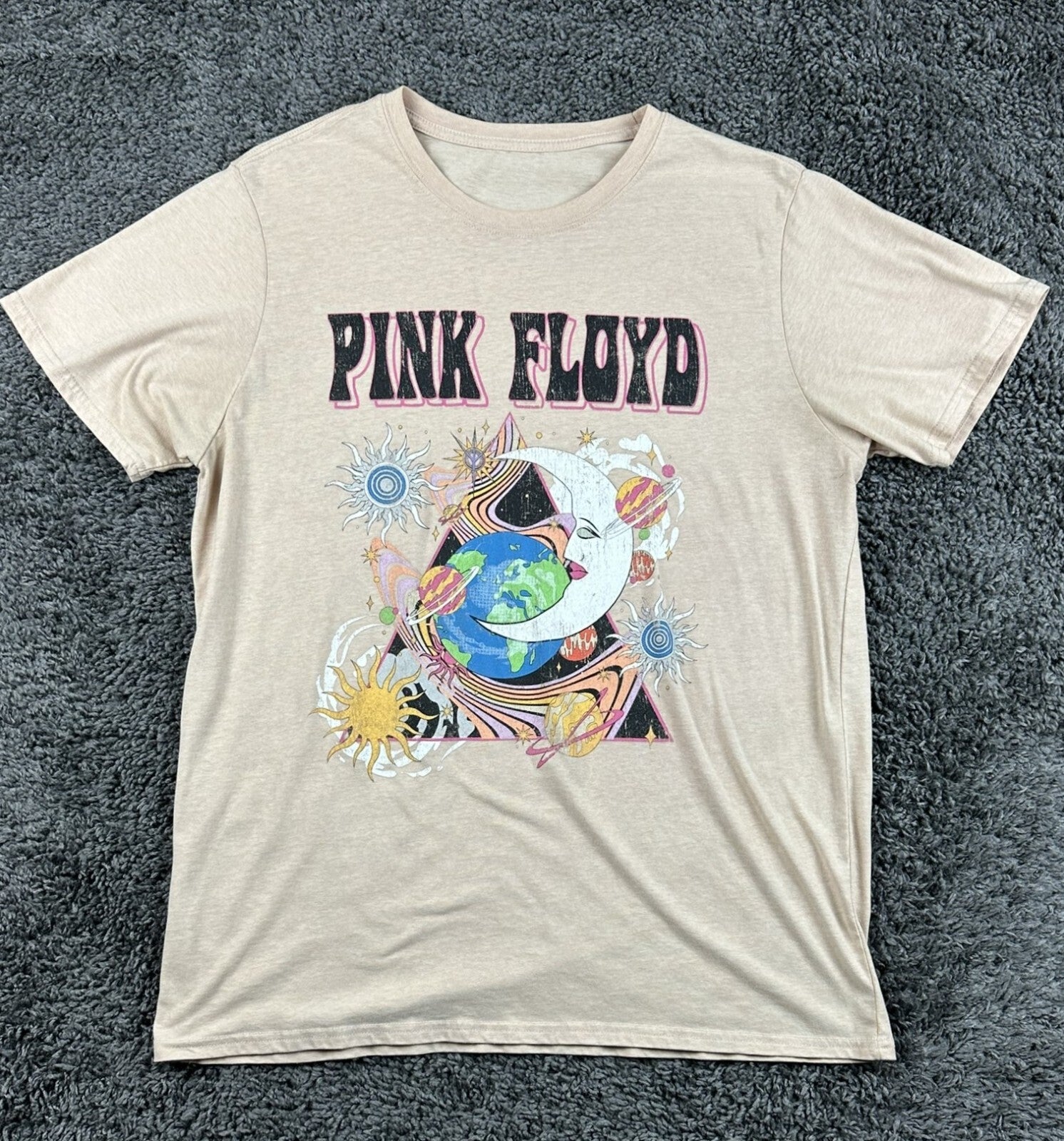 Pink Floyd T-Shirt Men Tan Celestial Moon Planet Graphic Band Tee Sz Large