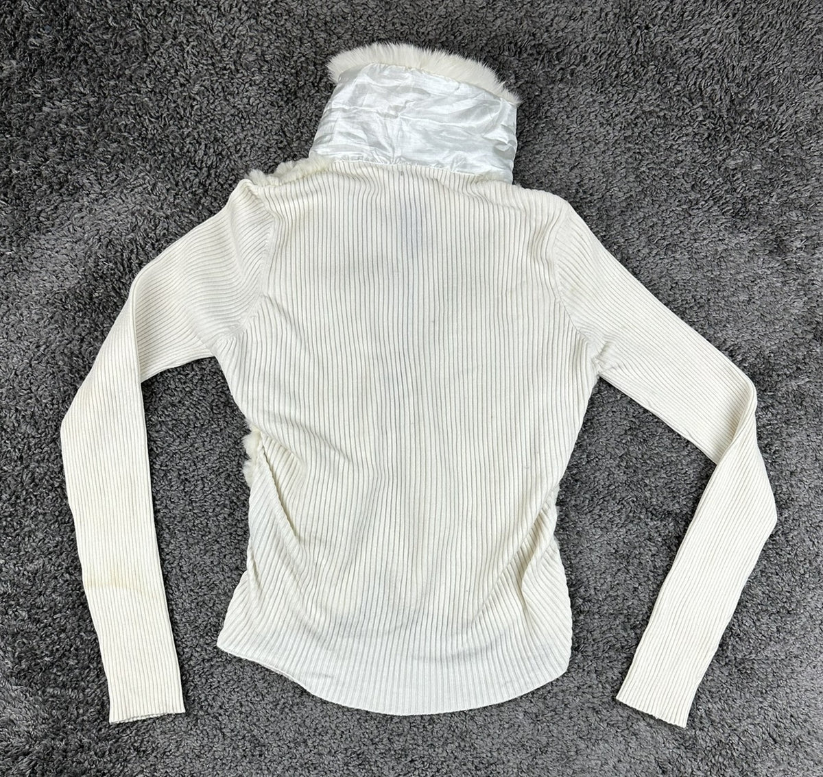 Dolce Cabo Womens Large White Rabbit Fur Blend Ribbed Knit Zip Sweater Jacket