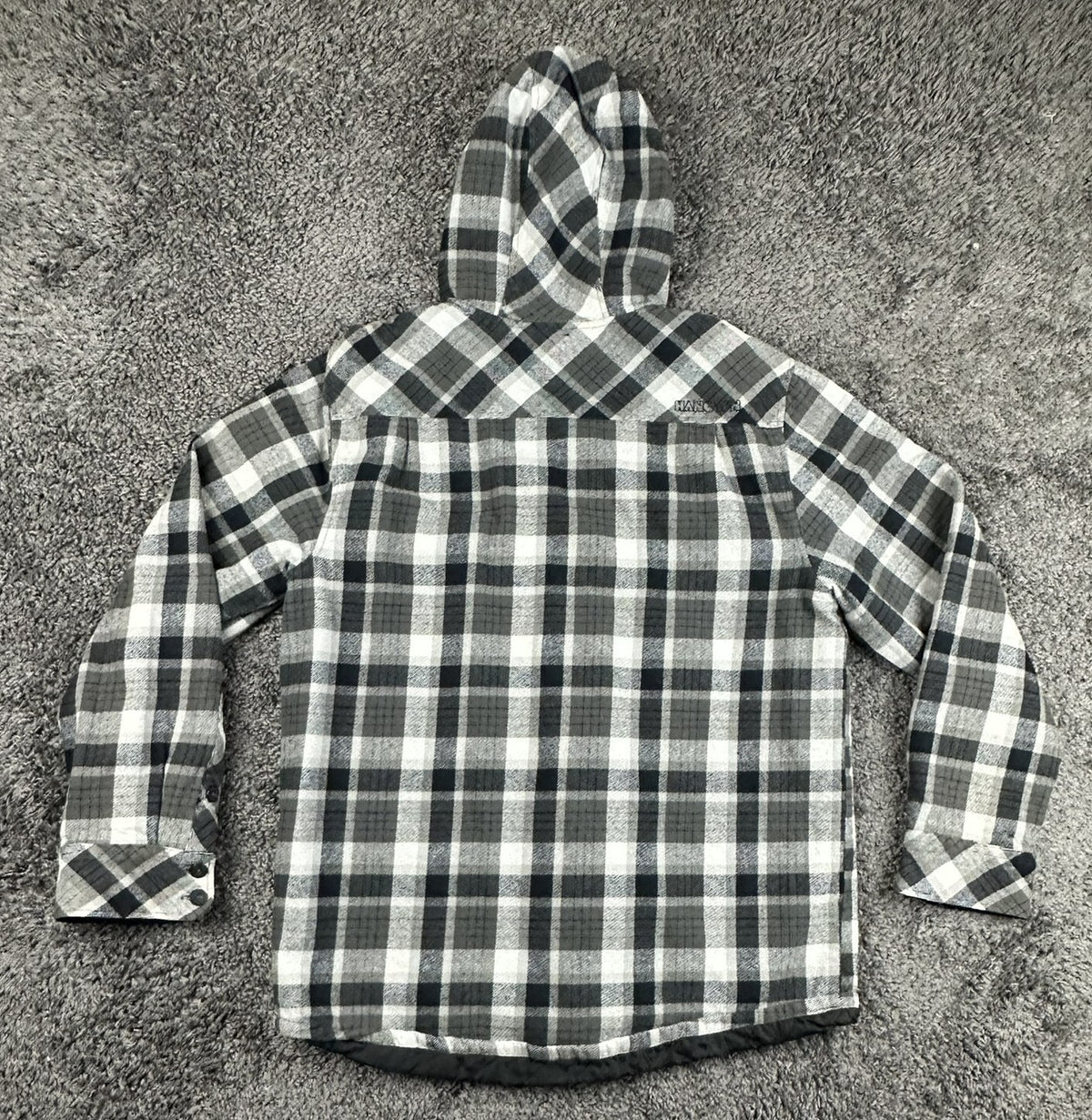 Hang Ten Mens Large L Black Gray Plaid Flannel Hooded Quilted Lined Jacket