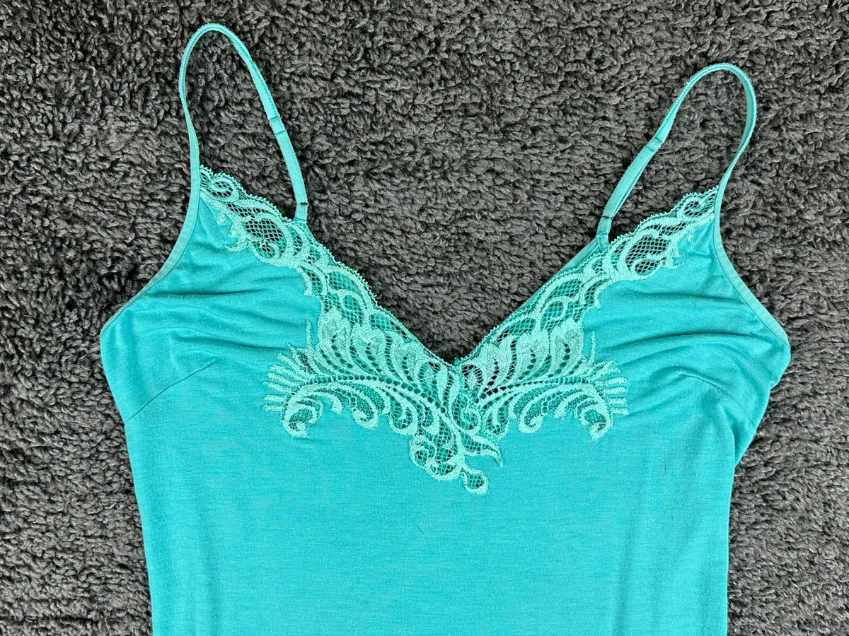 Natori Womens M Teal Floral Embroidered Chemise Slip Dress Nightgown