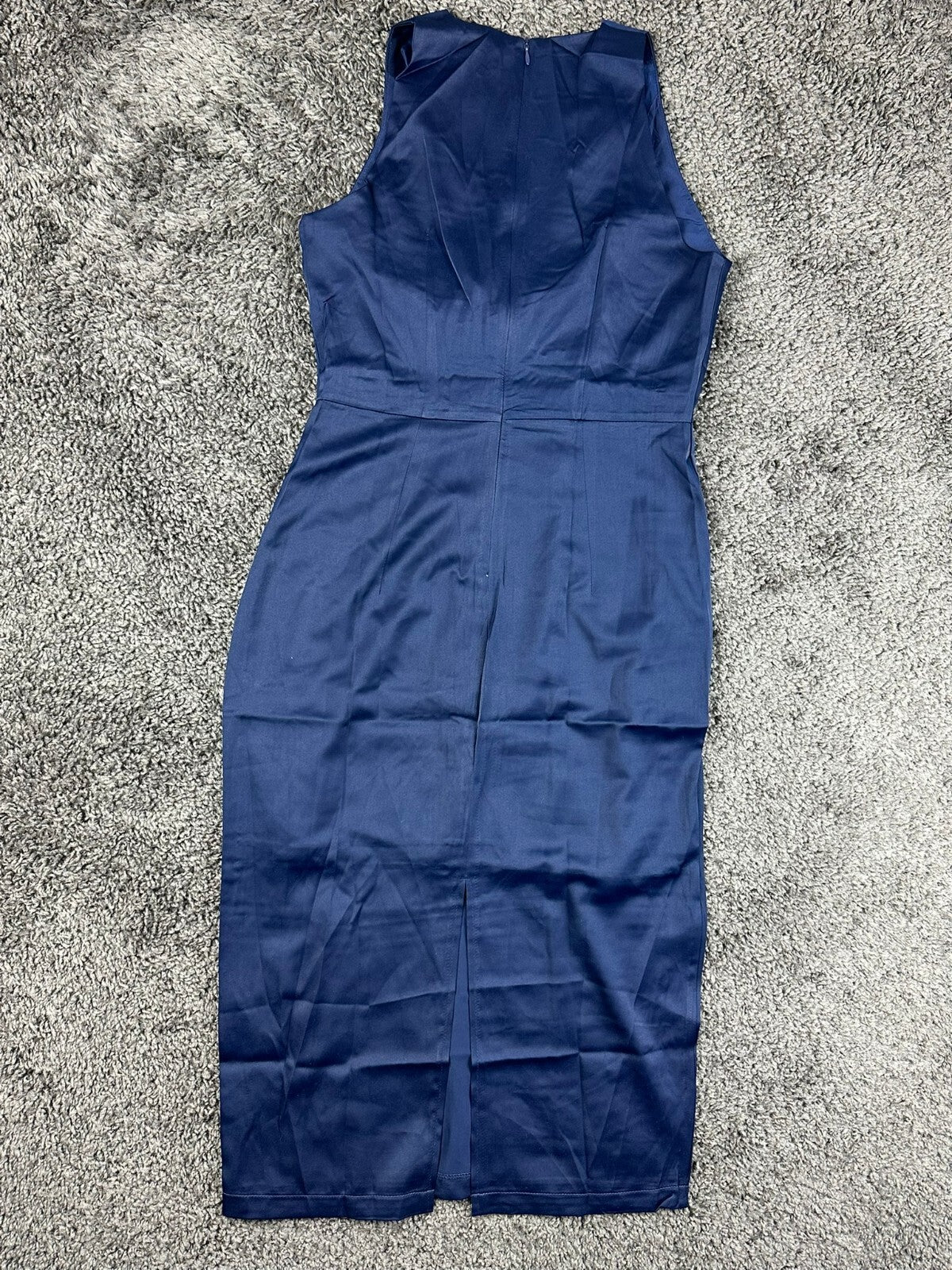 VHN Vy Hoang Nguyen Navy Blue Rhinestone Brooch Satin Midi Sheath Dress Sz L NWT