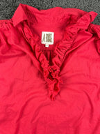 A Shirt Thing Celine Womens P Petite Small Red Cotton Ruffle V-Neck Blouse Top