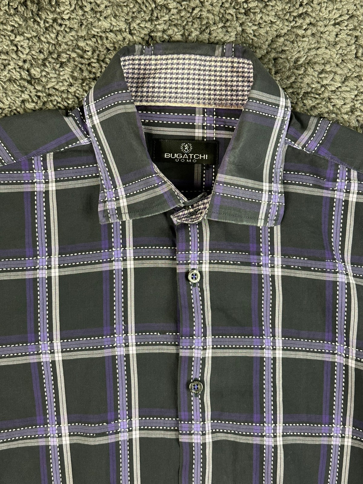 Bugatchi Uomo Mens XL Black Purple Plaid Long Sleeve Button Up Shirt Casual Top