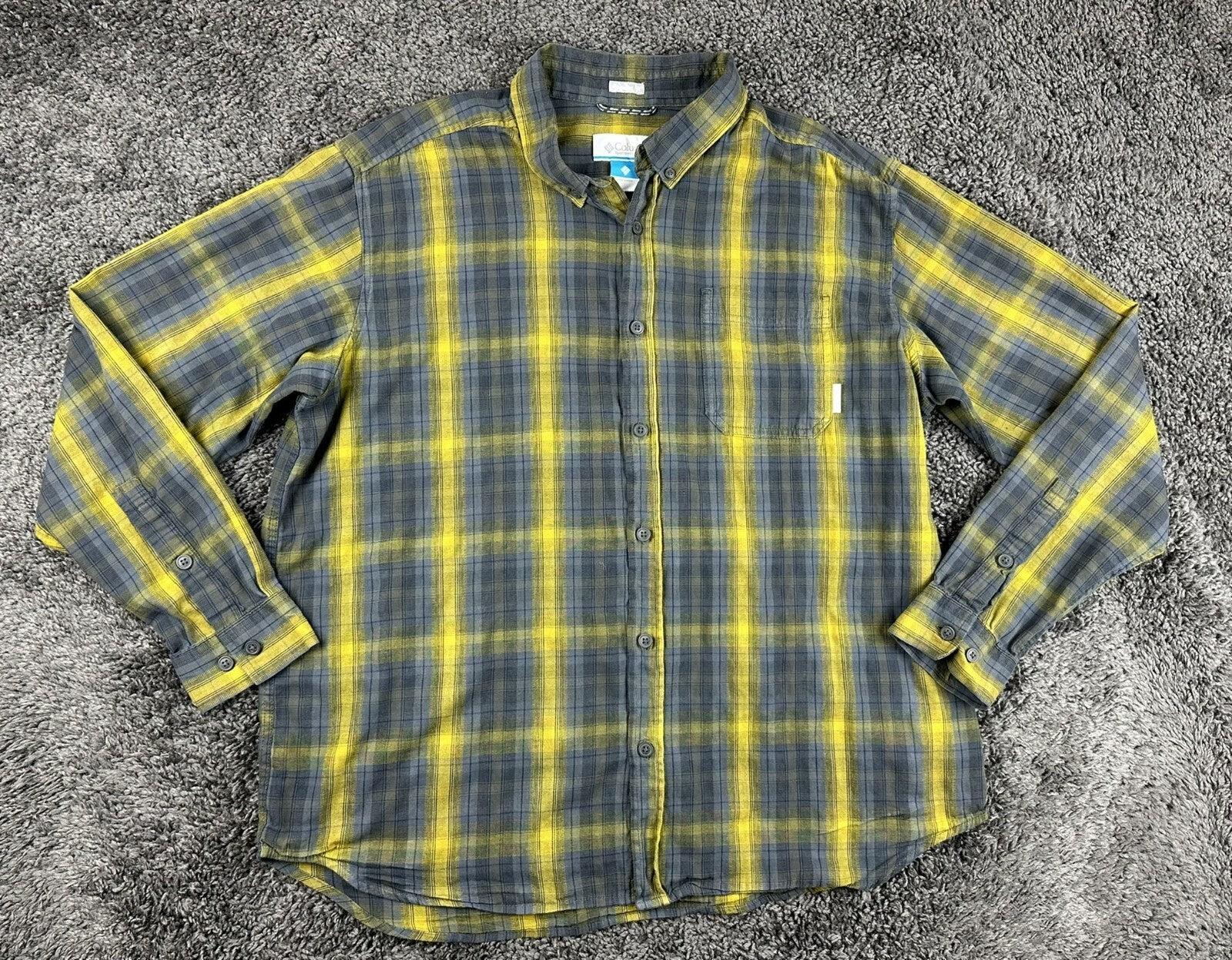 Columbia Cooper Lake Mens Plaid Shirt Yellow Gray Long Sleeve Button Down Sz XL