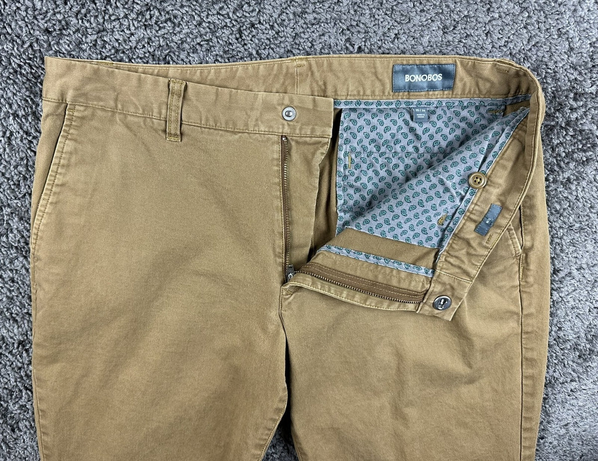 Bonobos Stretch Washed Chino Pants Mens 35x36 Slim Fit Tan Khaki Paisley Pocket