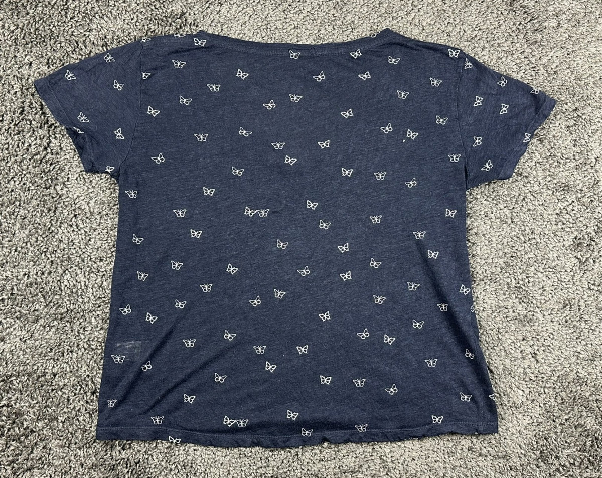 Rails Women's Size S Blue White Butterfly Print Linen Tencel V-Neck Tee Top