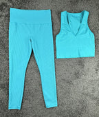 Athleta Elation Ribbed Leggings Crop Tank Set Turquoise Blue Medium Petite
