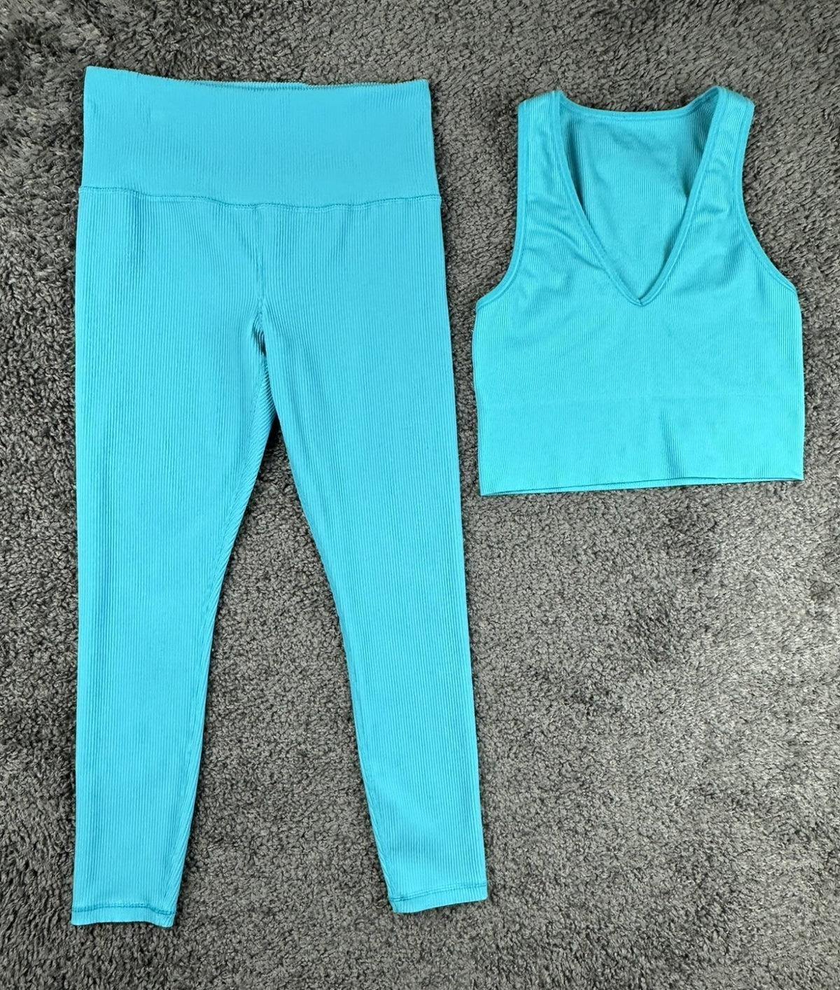 Athleta Elation Ribbed Leggings Crop Tank Set Turquoise Blue Medium Petite