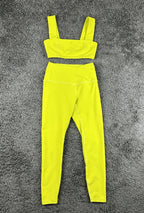 Beyond Yoga Womens XS Neon Yellow Spacedye Square Neck Bra & Midi Legging Set