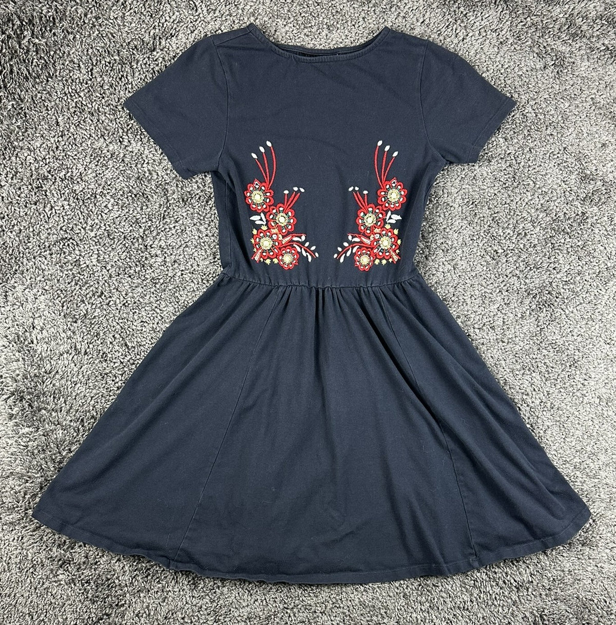 ASOS Womens Size 2 Black Floral Embroidered Fit & Flare Boho Mini Skater Dress