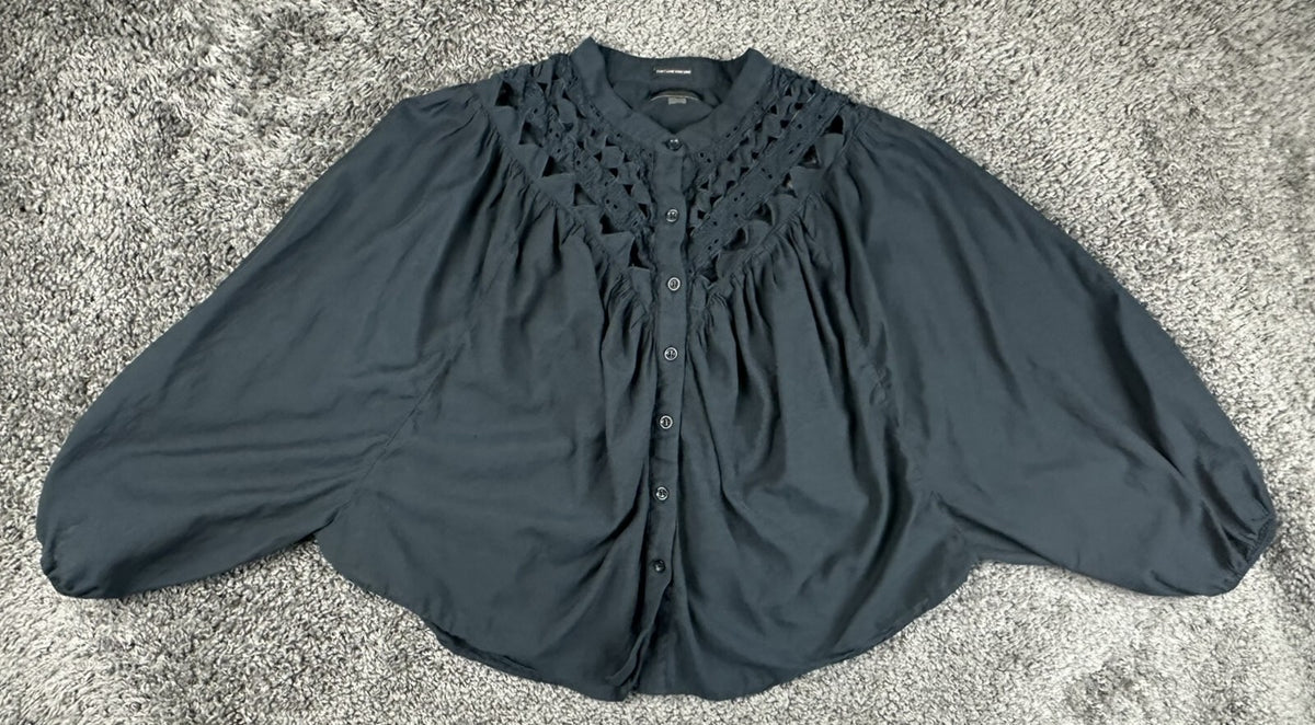 MOTHER The V Yoke Shirt Black Eyelet Cutout Yoke Balloon Sleeve Button Blouse M