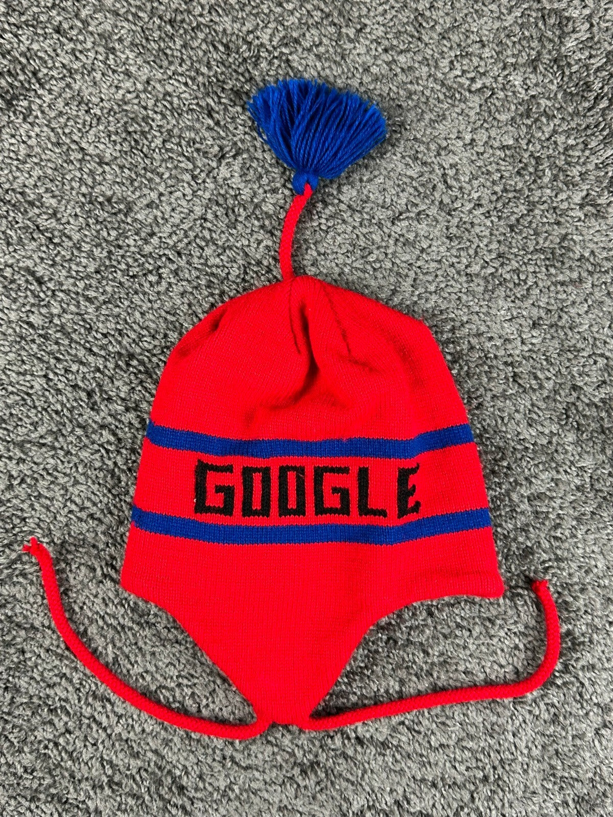Vintage Google Employee Swag Knit Earflap Beanie Hat Red Blue Tech Merch OS