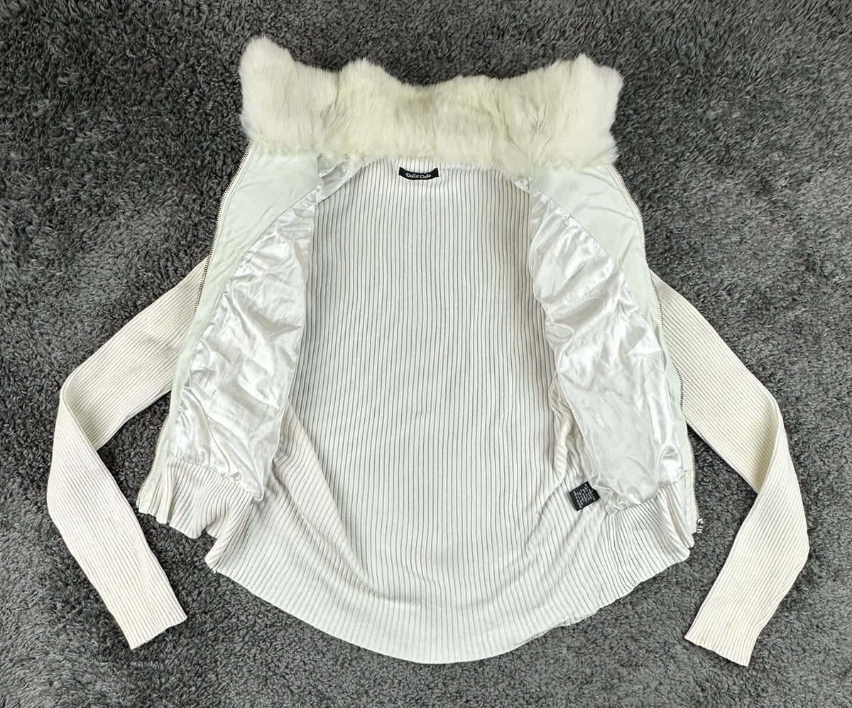 Dolce Cabo Womens Large White Rabbit Fur Blend Ribbed Knit Zip Sweater Jacket
