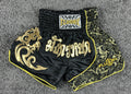 FLUORY Mens XS Black Muay Thai Shorts Gold Brocade Dragon Thai Script Boxing