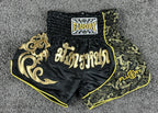 FLUORY Mens XS Black Muay Thai Shorts Gold Brocade Dragon Thai Script Boxing