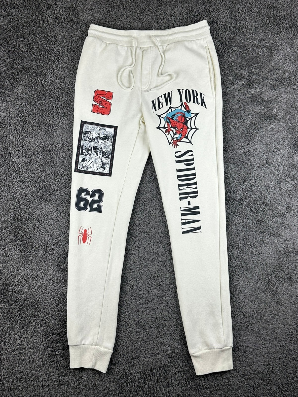 Marvel Spider-Man Origins 1962 Mens S Off White Graphic Jogger Sweatpants