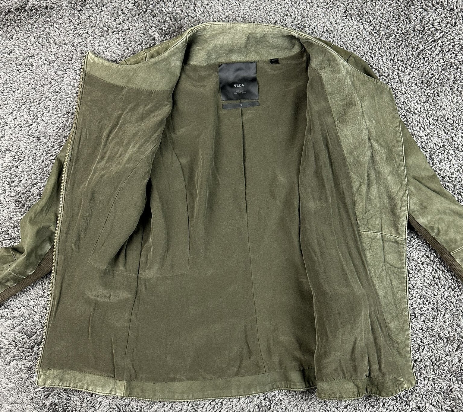 VEDA Leather Jacket Women Olive Green Asymmetrical Moto Wool Knit Silk Sz M