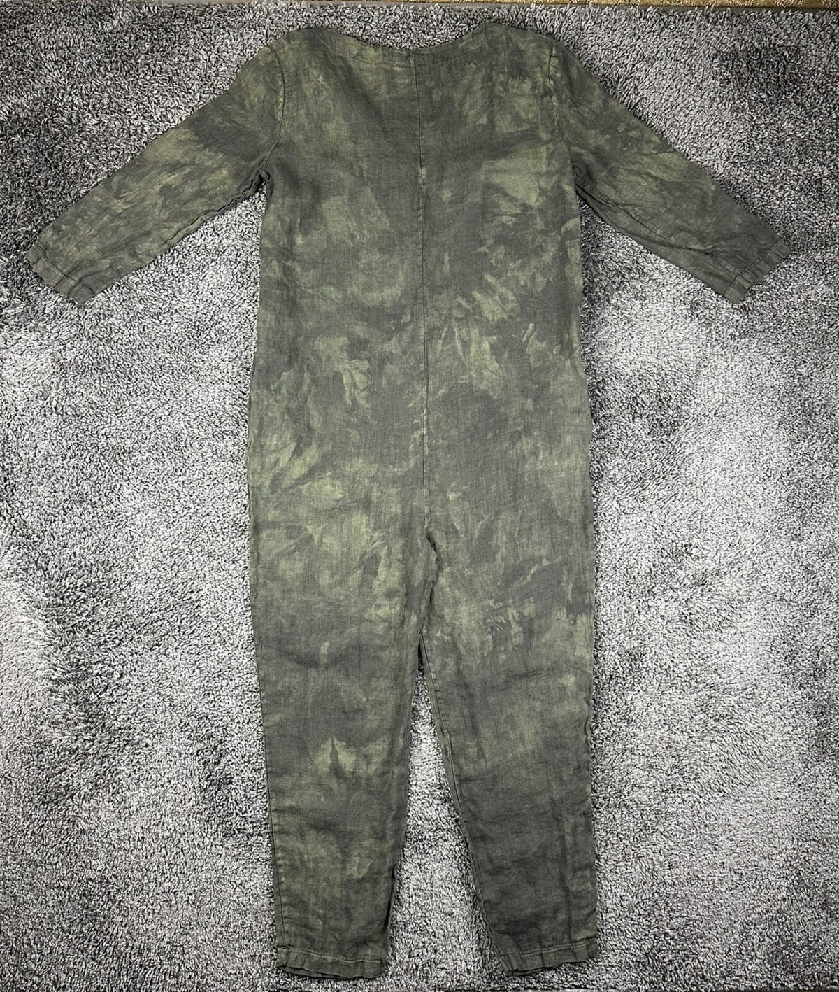 Camo Linen Jumpsuit Womens Size Medium Olive Green V-Neck Pockets Romper