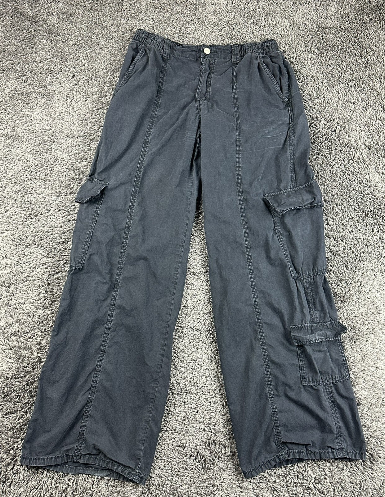 Zara Mens Wide Leg Cargo Pants Baggy Multi Pocket Washed Gray Black Size M